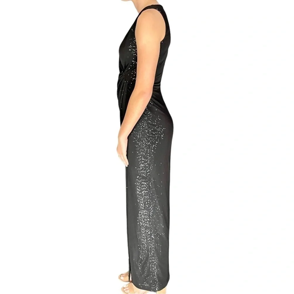 LAUREN RALPH LAUREN EVENING CASCADE SEQUIN COLUMN FAUX WRAP SHEATH GOWN DRESS
